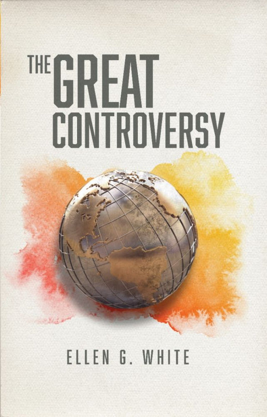 Portada del libro *El gran conflicto*, de Ellen G. White, en la que aparece un globo terráqueo metalizado sobre un fondo de acuarela en tonos naranjas, amarillos y rojos, que simboliza el conflicto épico en el cielo entre Cristo y Satanás.
