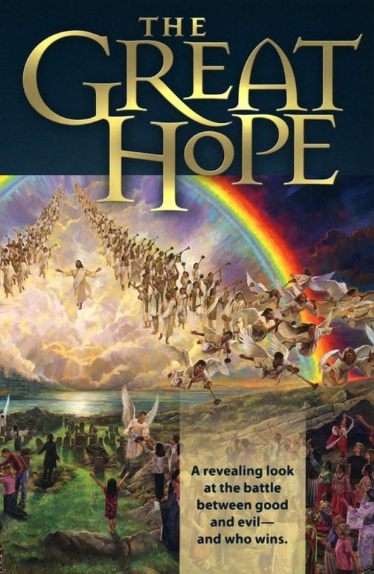 Portada del libro titulado «La gran esperanza», en la que aparecen ángeles en el cielo, un arcoíris, personas en tierra y el eslogan: «Una visión reveladora de la lucha entre el bien y el mal, y de lo que realmente ocurre después de morir».