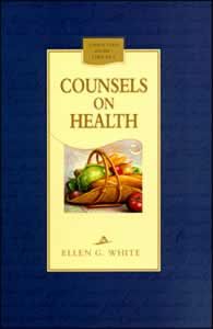 La portada del libro *Consejos sobre la salud*, de Ellen G. White, muestra una cesta con frutas y verduras variadas sobre un fondo azul, lo que refleja el énfasis que se pone en la alimentación y la salud.