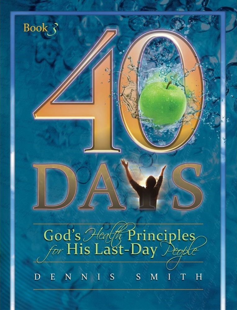 Portada del libro «40 días: los principios de salud de Dios para su pueblo de los últimos días», de Dennis Smith, en la que aparecen una manzana verde en el agua y una persona con los brazos en alto, lo que simboliza la salud integral de la mente, el cuerpo y el alma.