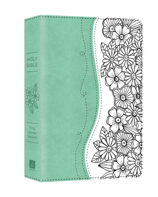 Una Biblia en color verde azulado y blanco, con acabado similar al cuero, que contiene la versión del Rey Jacobo y presenta un diseño floral parcialmente perfilado en negro en la portada; perfecta como Biblia de márgenes amplios para tomar notas o escribir un diario.
