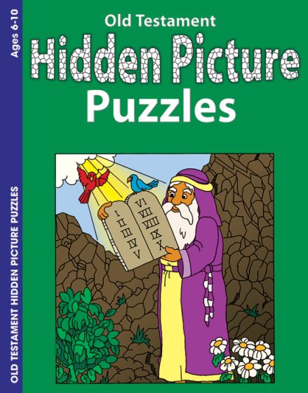 Ilustración de un hombre con túnica morada que sostiene unas tablillas de piedra, con un pájaro sobre su cabeza y vegetación en primer plano, en la portada verde de un libro de actividades bíblicas titulado «Rompecabezas de imágenes ocultas del Antiguo Testamento».