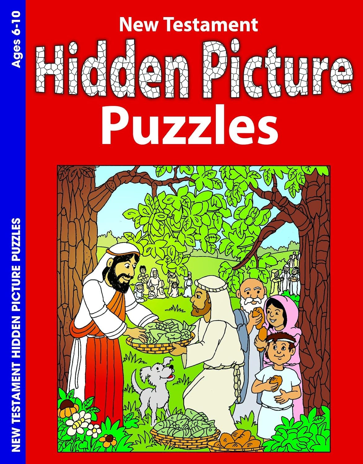 Portada del libro Rompecabezas de imágenes ocultas del Nuevo Testamento, en la que aparece una ilustración de Jesús alimentando a una multitud, como parte de una serie de actividades bíblicas.