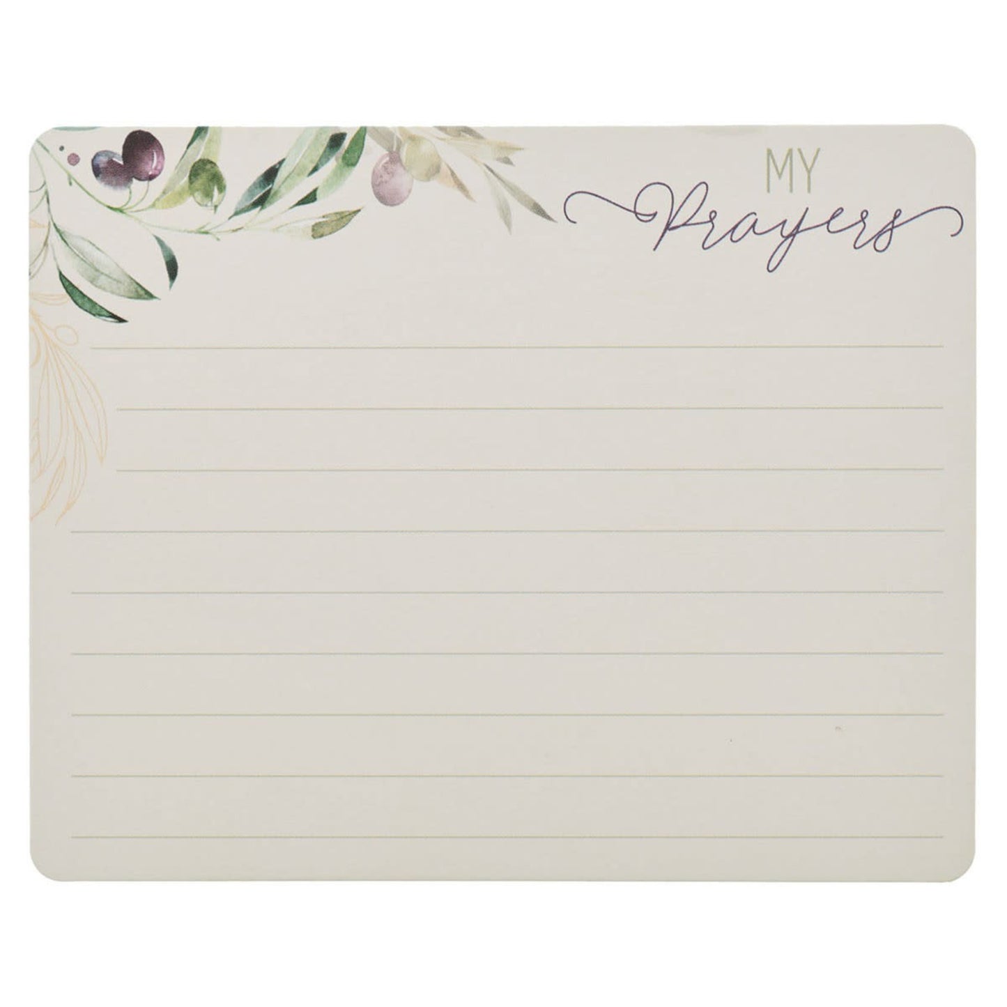 Una tarjeta en blanco con líneas, decorada con motivos florales en la esquina superior izquierda y con las palabras «MY Prayers» en la esquina superior derecha; ideal para tarjetas de oración bíblicas o para incluir en una lata metálica con oraciones.
