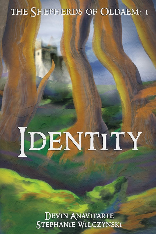 Portada del libro *Identity*, de Devin Anavitarty y Stephanie Wilczynski, una novela de fantasía en la que se aprecia un castillo al fondo y grandes árboles en primer plano. Subtítulo: *Los pastores de Oldaem*: 1. Los temas de la fe y la religión resuenan a lo largo de toda la obra.