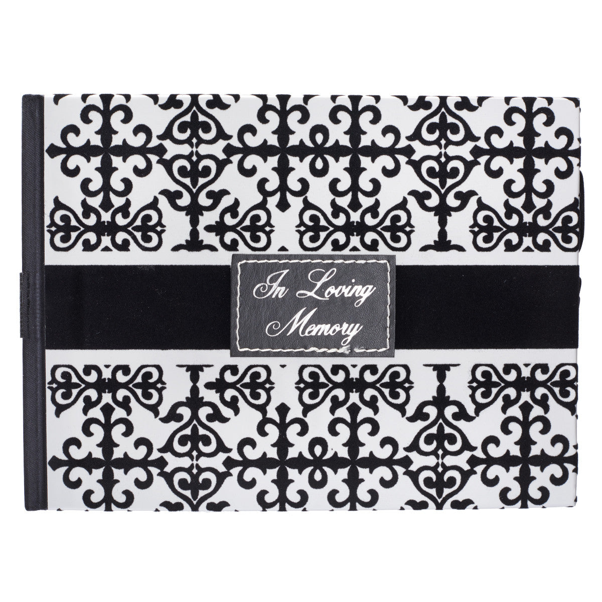 Un libro de visitas conmemorativo en blanco y negro con un motivo decorativo y una etiqueta en la portada en la que se lee «In Loving Memory».