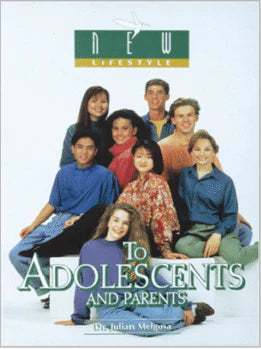Un grupo de ocho adolescentes sonrientes posa juntos sobre un fondo blanco bajo el título «A los adolescentes y a los padres», del Dr. Julián Melgosa.