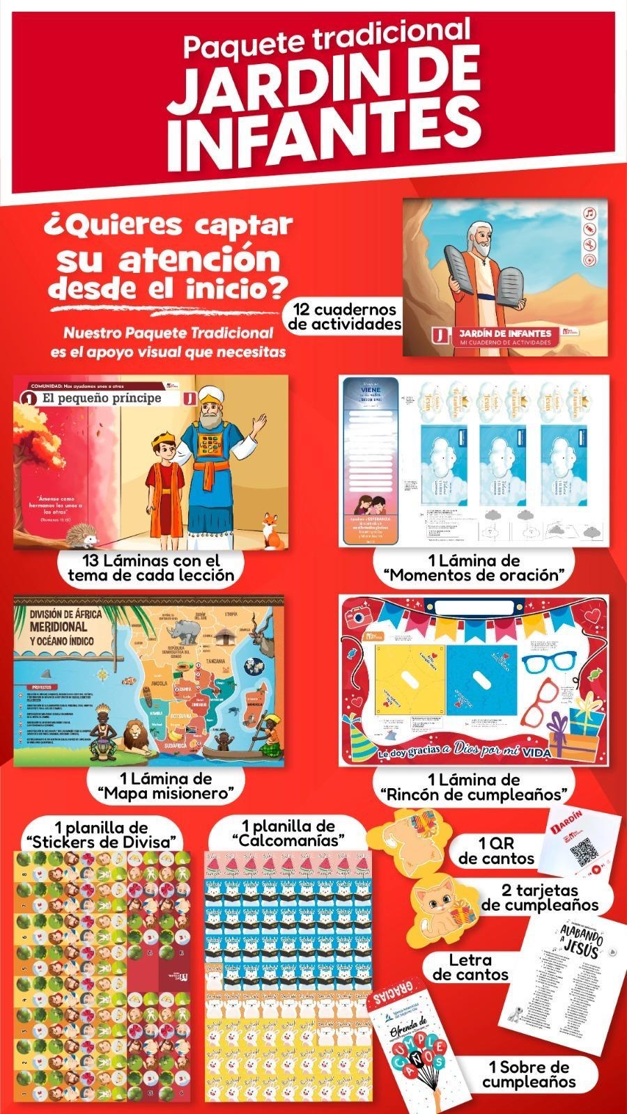 Imagen promocional en la que se muestra el contenido de un paquete educativo de «Jardín de Infantes», que incluye cuadernos de actividades, hojas ilustradas, un mapa de Misiones, pegatinas, tarjetas, láminas de lecciones y un sobre.