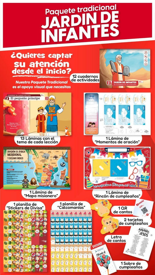 Imagen promocional en la que se muestra el contenido de un paquete educativo de «Jardín de Infantes», que incluye cuadernos de actividades, hojas ilustradas, un mapa de Misiones, pegatinas, tarjetas, láminas de lecciones y un sobre.