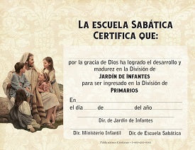 Certificado de una escuela dominical para niños, en el que aparecen «niños de jardín» y «clase de primarios», con espacio para rellenar nombres y fechas, además de una ilustración de Jesús sentado con unos niños en la parte izquierda. Ideal para certificados de promoción.