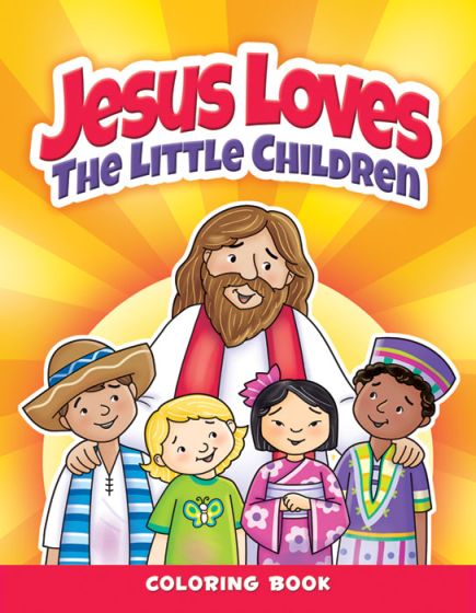 Ilustración de Jesús con cuatro niños sonrientes de distintos orígenes sobre un fondo de color amarillo y naranja brillante. El texto dice: «Jesús ama a los niños pequeños: libro de actividades para colorear para niños de 2 a 4 años».