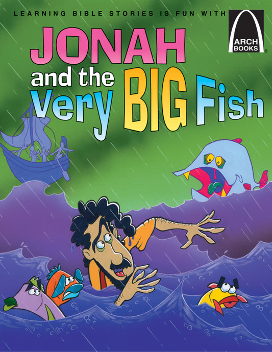 La portada ilustrada, inspirada en el libro de Jonás, muestra a Jonás luchando en el mar con criaturas marinas de dibujos animados. Un pez enorme se acerca mientras un barco navega al fondo. El título reza: «Jonás y el pez enorme».