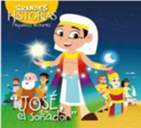 Ilustración de cómic en la que aparece José con una túnica blanca y de colores, sosteniendo una estrella y una luna creciente, junto a otros personajes bajo un cielo nocturno. Perfecta para los pequeños lectores de Grandes Historias. El texto dice: «José, el soñador».