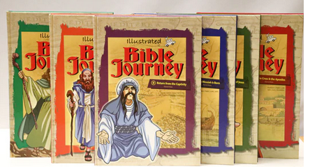 Seis libros ilustrados de la serie «Bible Journey» están colocados en fila, con portadas a todo color en las que aparecen personajes bíblicos y los títulos. Estos volúmenes, de fácil lectura, dan vida a las historias clásicas de la Biblia para lectores de todas las edades.