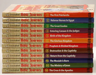 Una pila de doce libros de la serie «Bible Journey», fáciles de leer y etiquetados con su número y título, ofrece una colección de doce volúmenes con historias bíblicas que abarcan desde los patriarcas hasta los apóstoles.
