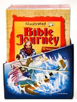 Caja con la colección de libros ilustrados «Bible Journey», una serie de 12 volúmenes que recoge historias bíblicas fáciles de leer, con una imagen en la portada en la que se ve a Jesús salvando a un hombre que se estaba ahogando.