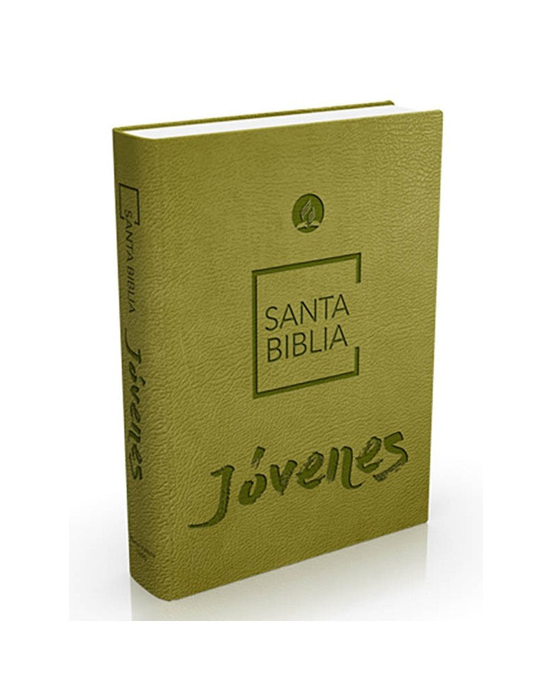 Una «Biblia para jóvenes» en español, de tapa dura y con una cubierta verde en la que se lee «Santa Biblia Jóvenes», aparece colocada en posición vertical sobre un fondo blanco. Ideal para quienes buscan recursos bíblicos en la versión Reina-Valera 1995.