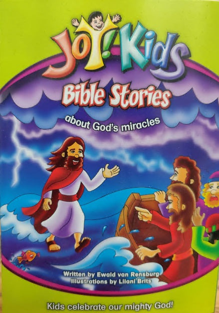 Portada de un libro infantil titulado «¡Alegría! Historias bíblicas para niños sobre los milagros de Dios», que forma parte de la colección «Pequeños libros de cuentos», en la que se ve a Jesús caminando sobre el agua, ilustrada con colores vivos.