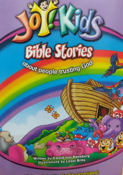 Portada de «¡Alegría! Cuentos bíblicos para niños», que forma parte de la colección «Little Story Books», en la que aparecen un arcoíris, el arca de Noé, animales y texto de colores sobre un fondo morado.