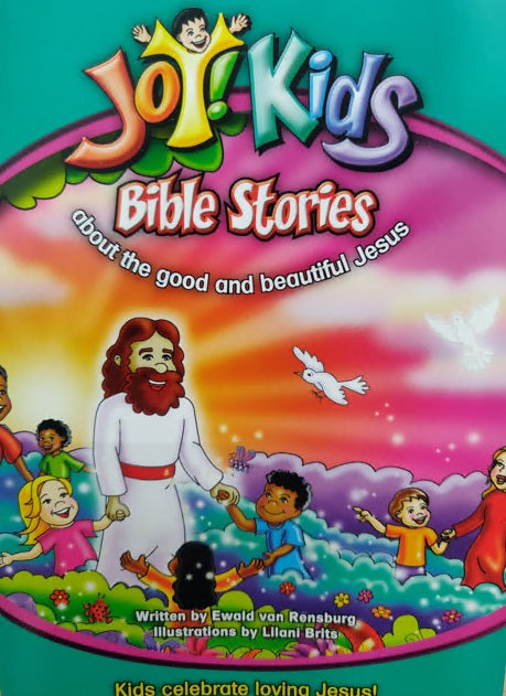 La colorida portada ilustrada de *¡Alegría! Historias bíblicas para niños*, con un estilo similar al de los libritos de cuentos, muestra a Jesús con unos niños, una paloma y un arcoíris, junto con el subtítulo que habla del Jesús bueno y hermoso.