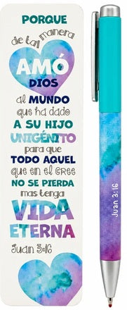 Un marcapáginas y un bolígrafo a juego con detalles en acuarela, en los que figura el versículo de Juan 3:16 sobre Dios y la vida eterna en español.