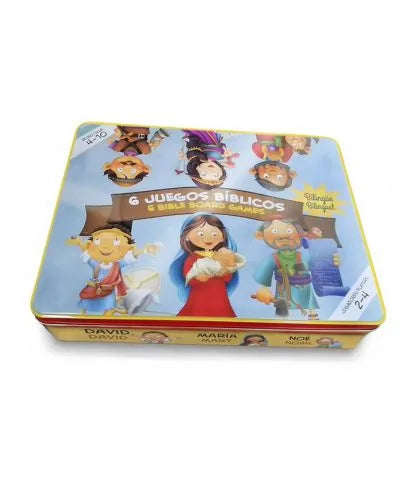 Una caja rectangular de hojalata con personajes de la Biblia en estilo de dibujos animados, con la inscripción «6 Juegos Bíblicos / 6 Bible Board Games» en la tapa, incluye tableros de juego, fichas de colores y dados para disfrutar de horas de diversión en familia.
