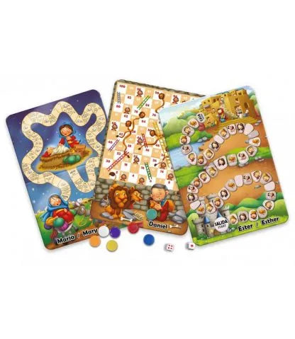Tres coloridas cartas de juego de mesa con recorridos ilustrados, personajes de la Biblia, fichas y dados, personajes de dibujos animados, fichas de jugador y los nombres: María, Daniel y Ester.