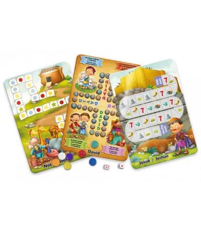 Tres tableros ilustrados para jugar que incluyen personajes de la Biblia, fichas de colores y dados sobre un fondo blanco. Cada tablero está decorado con iconos únicos y escalas de puntuación.