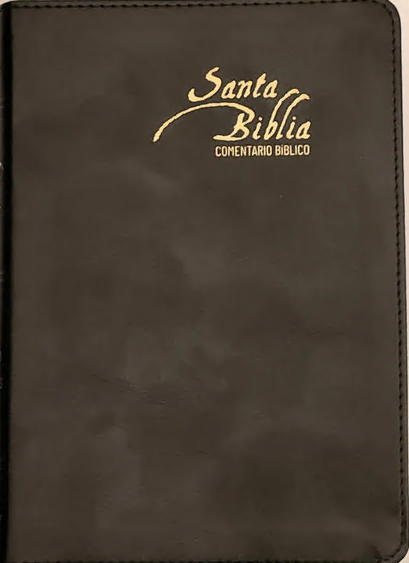 Un libro encuadernado en cuero negro con el texto «Santa Biblia Comentario Bíblico» en letras doradas en la portada, que incluye una Concordancia Temática y referencias de Elena G. de White, edición de la Biblia Reina-Valera de Gómez.