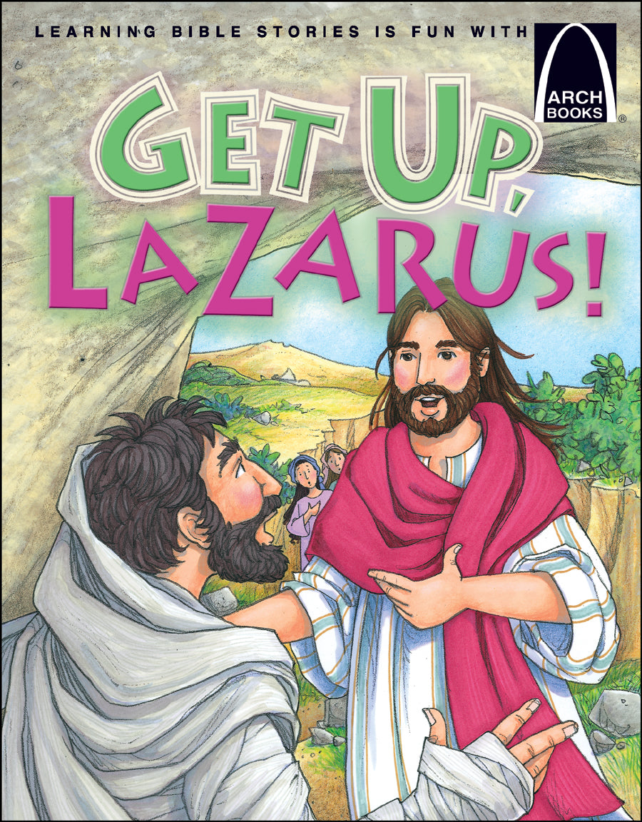 Portada ilustrada del libro «¡Levántate, Lázaro!», que representa la historia bíblica de Juan 11:1-44, en la que Jesús resucita a Lázaro de entre los muertos, con los espectadores al fondo.