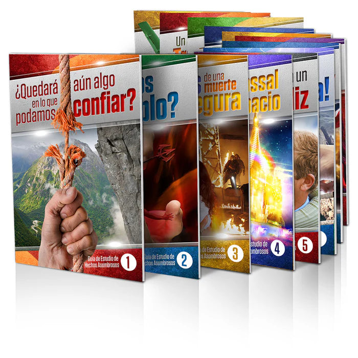 Un conjunto de siete guías de estudio bíblico en español con portadas a todo color, cada una de ellas con diferentes imágenes y textos relacionados con la confianza, el miedo, la fe y las enseñanzas de la Biblia.