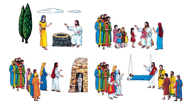 Una serie de ilustraciones del Evangelio que muestran a Jesús interactuando con personas —una mujer junto a un pozo, unos niños, una tumba y una persona en una camilla— y que representan escenas ideales para utilizarlas siguiendo las indicaciones del manual del profesor.