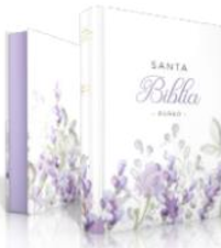 Dos Biblias blancas, de tamaño de bolsillo, con motivos florales morados y el título «Santa Biblia» en las cubiertas. Edición Reina Valera de 1960, con las palabras de Jesús en rojo.