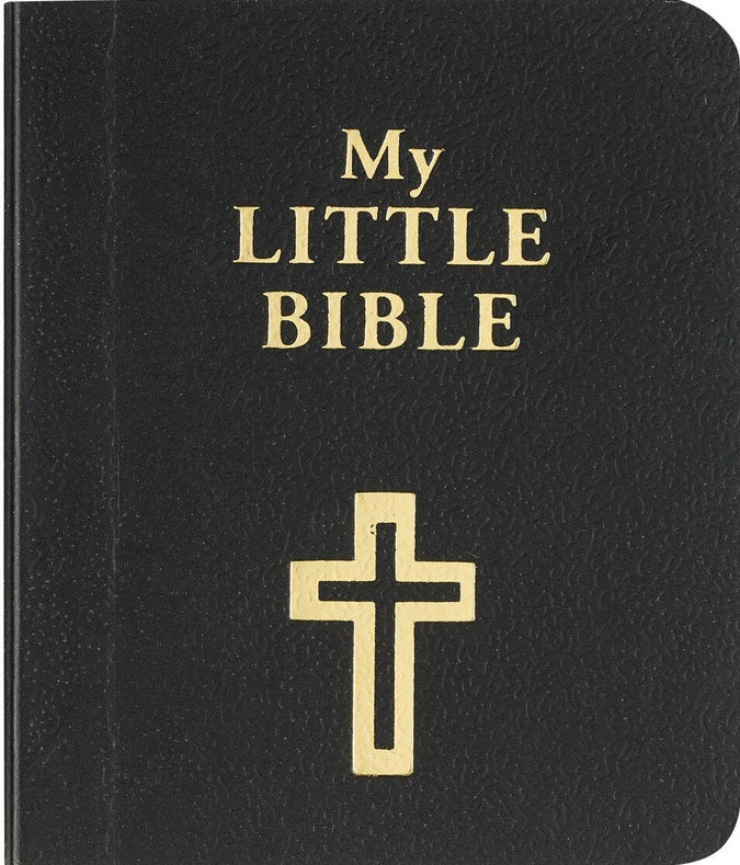 Un pequeño libro negro titulado «Mi pequeña Biblia», con una cruz dorada en la portada, que recoge versículos clave de la Biblia para inspirar la sabiduría bíblica.