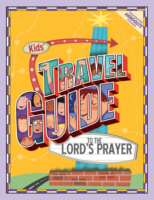Portada del libro titulada «Guía de viaje para niños sobre el Padrenuestro», en la que aparecen rostros de niños ilustrados, una carretera y una flecha indicadora sobre un fondo que recuerda a un mapa; ideal para las clases de Biblia para niños o el programa de la escuela dominical.