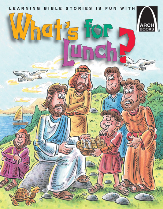 Ilustración de cómic en la que aparecen Jesús y sus discípulos junto al mar, con un niño que les ofrece una cesta con pan y pescado; el título reza «¿Qué hay para comer?», de Arch Books. Una encantadora versión de la historia bíblica infantil «Jesús alimenta a los 5.000».
