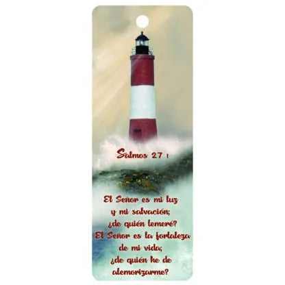 Marcapáginas con la imagen de un faro rojo y blanco en el océano, en el que aparece la frase «el Señor es mi luz» y el Salmo 27:1 de la Biblia, impresos debajo de la imagen en español.