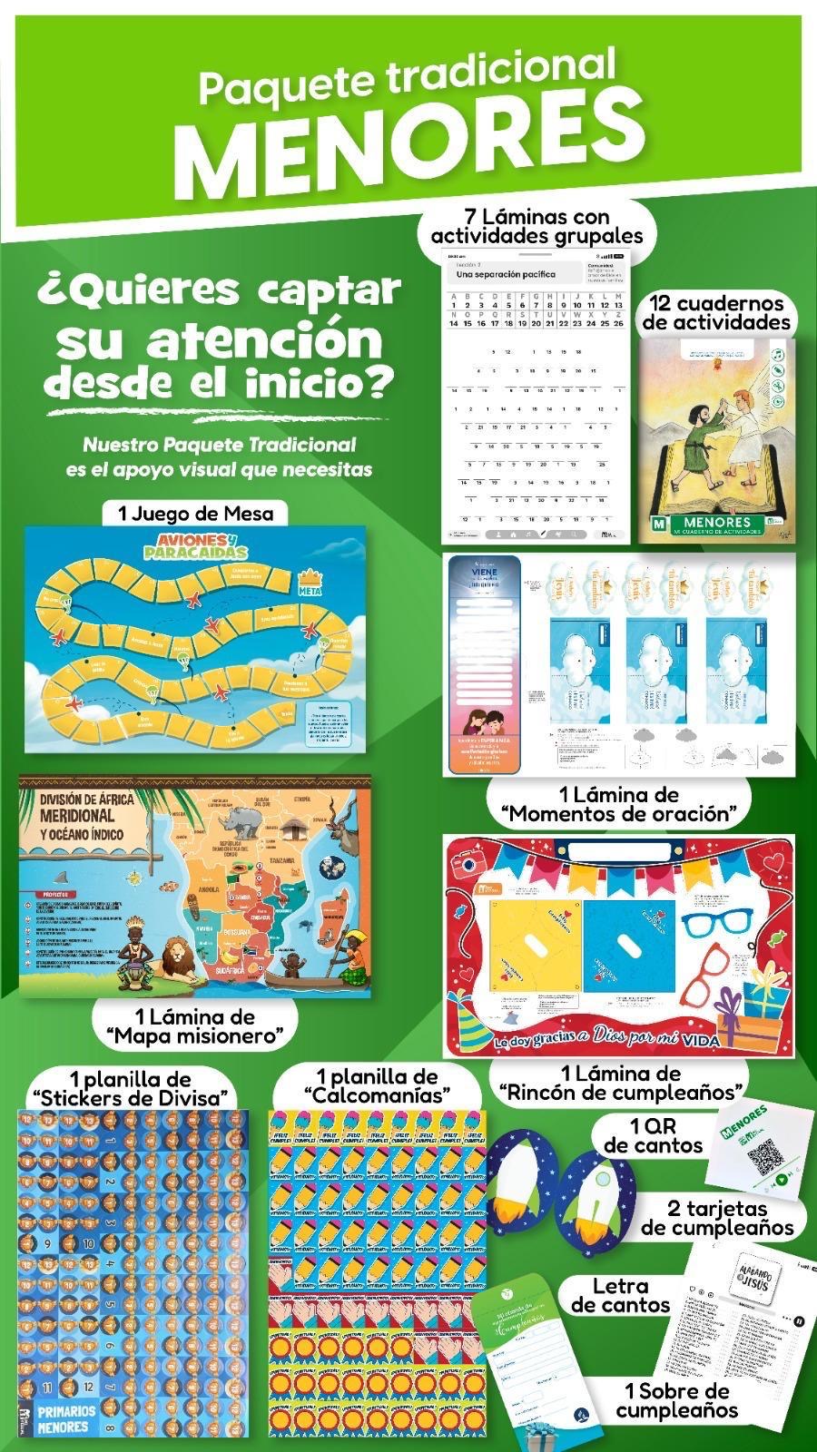 Paquete educativo para niños que incluye láminas didácticas, cuadernos de actividades, un juego de mesa, un mapa misionero, pegatinas, calcomanías, tarjetas QR y sobres de cumpleaños.