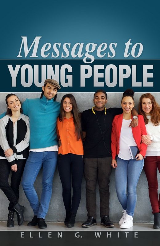 Seis jóvenes posan juntos, sonrientes, bajo el título «Mensajes para los jóvenes», de Ellen G. White, en representación de la juventud adventista del séptimo día que valora los rasgos de carácter positivos y la vida espiritual; aparecen vestidos con ropa informal frente a una pared gris.
