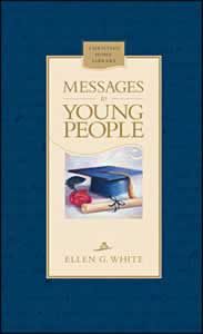 Portada del libro *Mensajes para los jóvenes*, de Ellen G. White, en la que aparecen un birrete de graduación, un título, una manzana y un libro rojo sobre un fondo azul: una guía inspiradora para los jóvenes adventistas del séptimo día sobre el desarrollo del carácter y la vida espiritual.