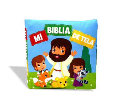 Una colorida biblia de tela para bebés titulada «Mi Biblia de Tela», con niños de dibujos animados, un hombre con barba, un zorro, un león y un mapache en la portada: una biblia segura para niños y sin BPA.