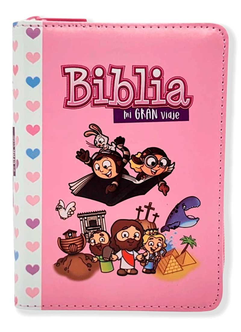 Una Biblia infantil de color rosa con ilustraciones de dibujos animados de escenas y personajes bíblicos en la portada; el lomo presenta un diseño de corazones azules y rosas, además de divertidos extras como mapas bíblicos.