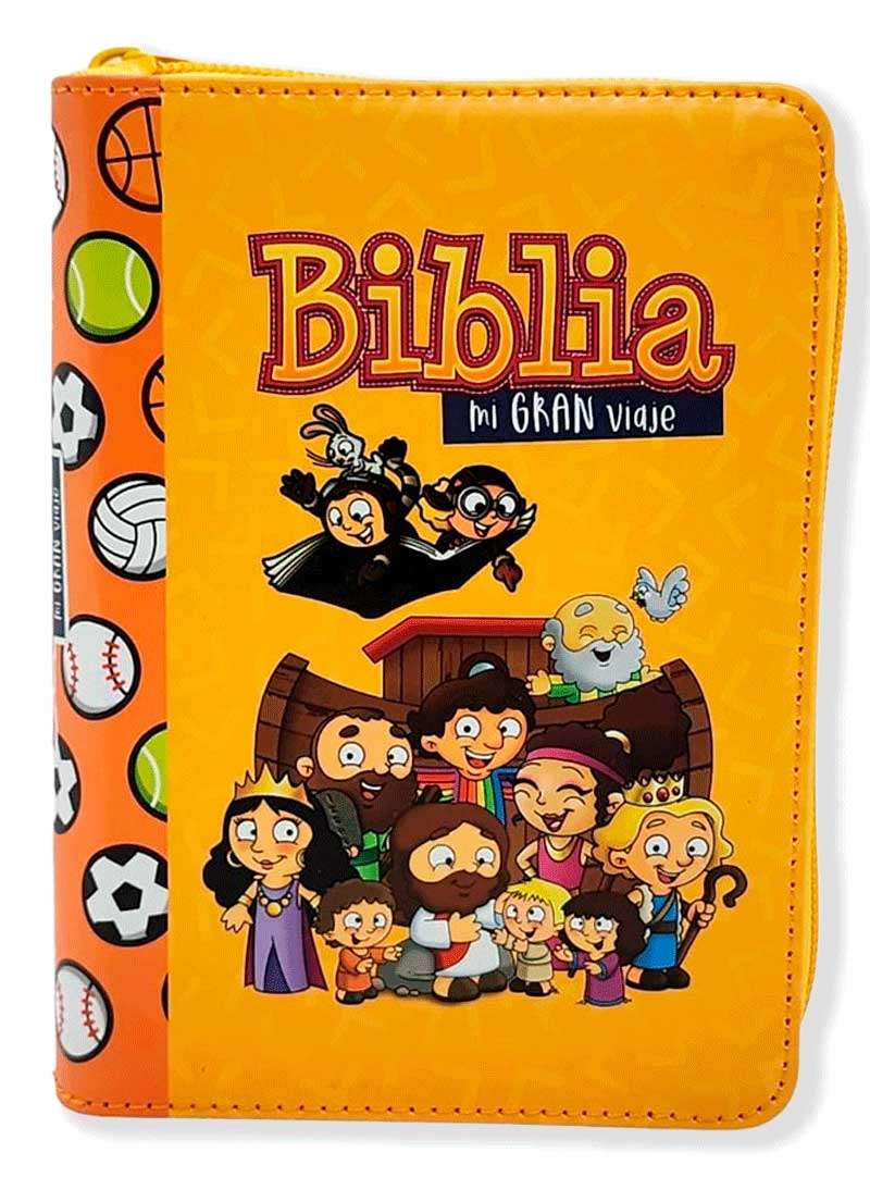 Cubierta de una Biblia infantil con personajes de dibujos animados y animales, titulada «Biblia mi GRAN viaje», sobre un fondo naranja brillante con pelotas de diferentes deportes a lo largo del lomo. Incluye mapas bíblicos y un plan para leer la Biblia en un año.
