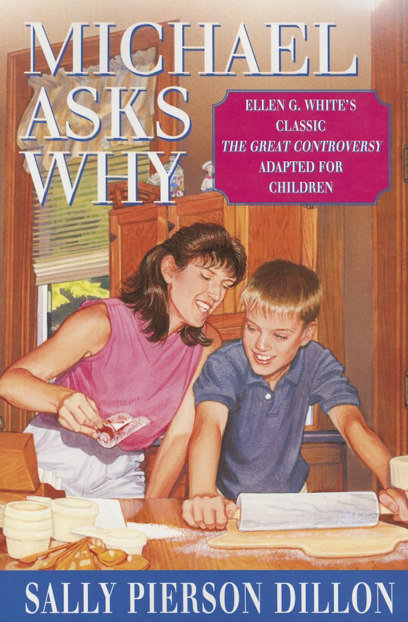 Una mujer y un niño sonríen mientras hornean en una cocina. El título que aparece en la portada del libro es *Michael Asks Why*, de Sally Pierson Dillon, y despierta la curiosidad por la historia de la Iglesia cristiana y la Reforma protestante.