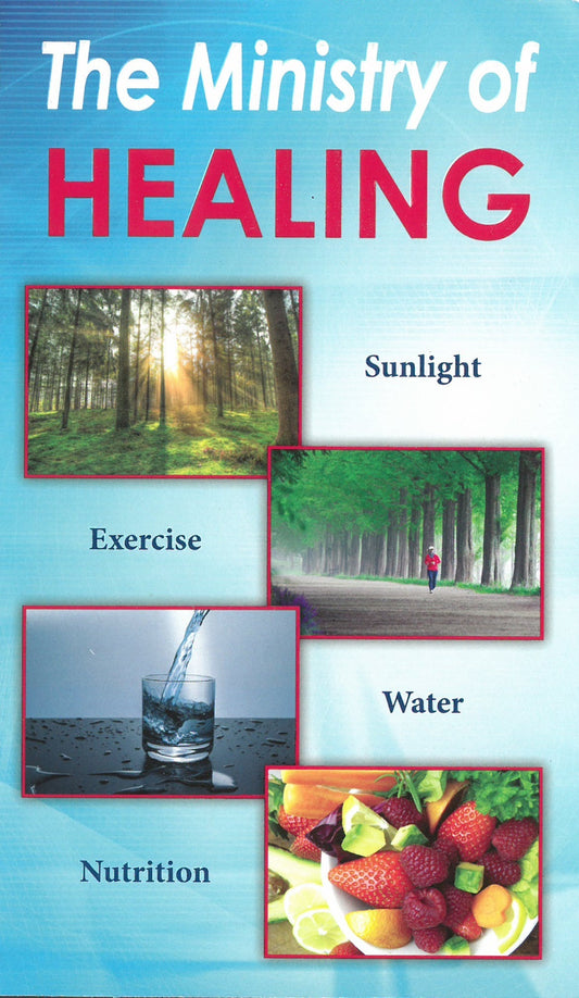 Portada del libro titulado *El ministerio de la curación*, en la que aparecen imágenes tituladas «Luz solar», «Ejercicio», «Agua» y «Nutrición» —con fotografías de la naturaleza y alimentos saludables— y que ofrece un bálsamo curativo para las enfermedades del alma al confiar en los caminos restauradores de Dios.