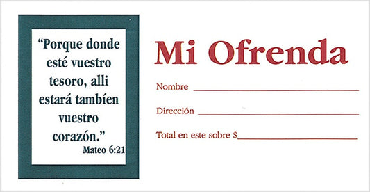 Sobres para ofrendas de una iglesia española con un versículo bíblico y espacios en blanco para el nombre, la dirección y el importe de la donación. Se presenta en un paquete de 100 sobres, de tamaño 3 x 6 1/4.