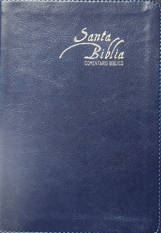 Una cubierta de libro encuadernada en cuero azul con el texto «Santa Biblia Comentario Bíblico» grabado en relieve en blanco en la esquina superior derecha, ideal para Estudios Bíblicos y con referencias a la Biblia Reina Valera Gómez.