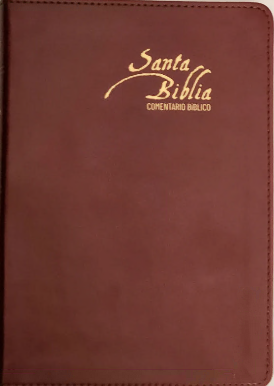 Un libro encuadernado en cuero marrón con la inscripción «Santa Biblia Comentario Bíblico» en letras doradas en la portada, ideal para los «Estudios Bíblicos Esenciales» y que hace referencia a la Biblia Reina-Valera Gómez.