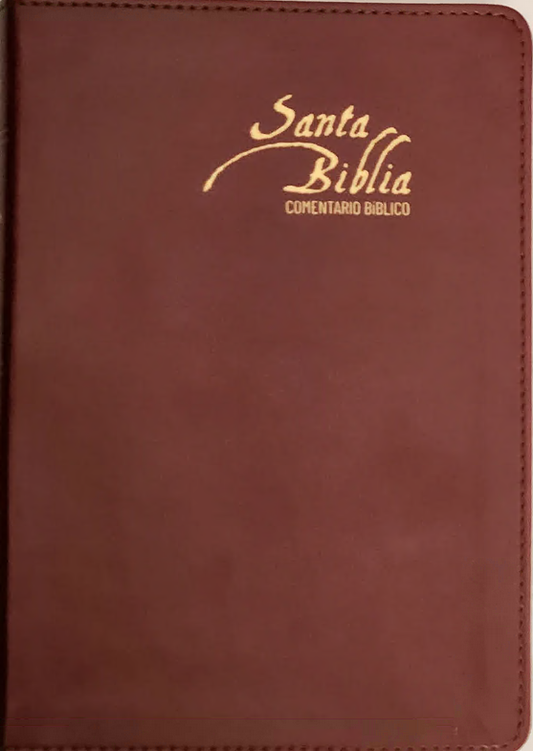 Un libro encuadernado en cuero marrón con la inscripción «Santa Biblia Comentario Bíblico» en letras doradas en la portada, ideal para los «Estudios Bíblicos Esenciales» y que hace referencia a la Biblia Reina-Valera Gómez.