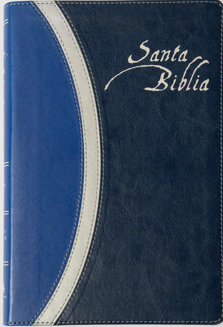 Una Biblia Reina-Valera Gómez encuadernada en cuero azul y negro, con la inscripción «Santa Biblia» en letras blancas en la portada.